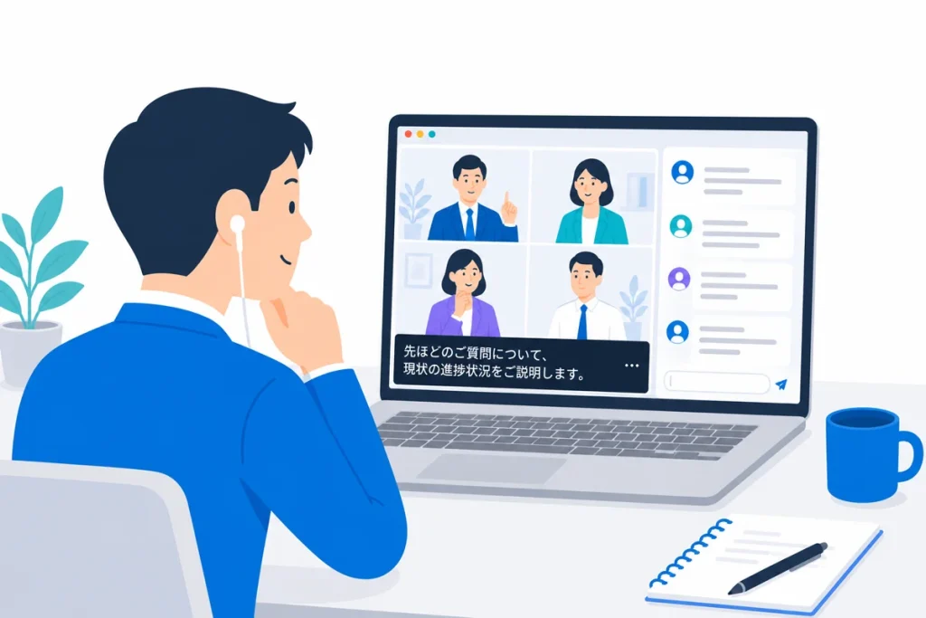 Web会議画面を見る人物。画面下部に字幕、右側にチャット形式の発言記録パネル